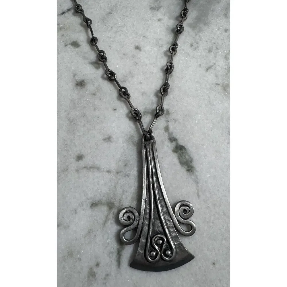 Vintage MCM Denmark Lysgard Pewter Long Brutalist Pendant Necklace 21in